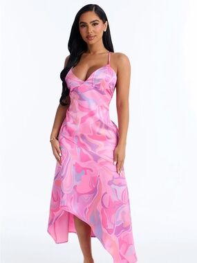 Pink Abstract Swirl Asymmetrical Midi Dress